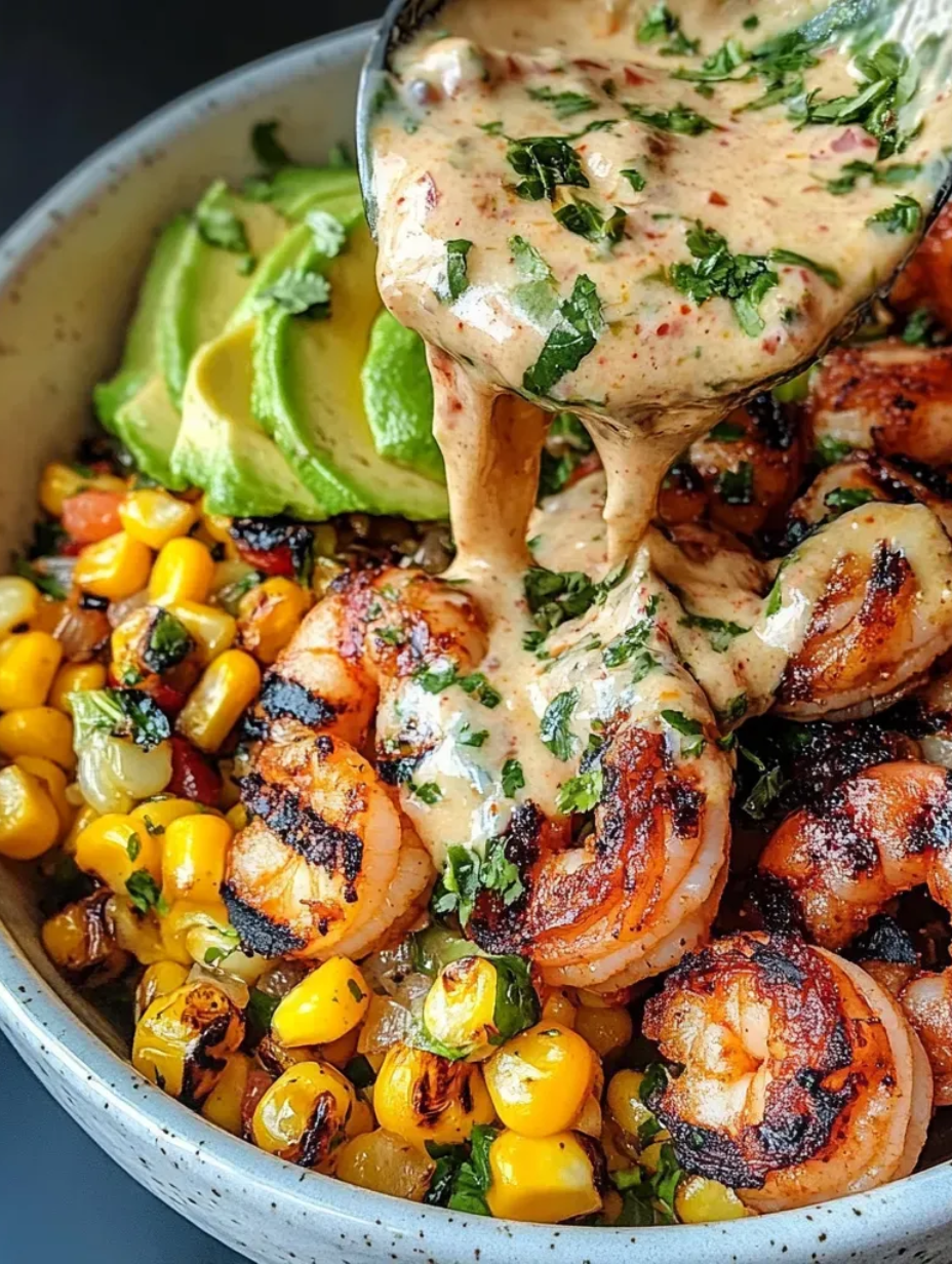 Grilled Shrimp Bowl with Avocado, Corn Salsa & Creamy Garlic Sauce