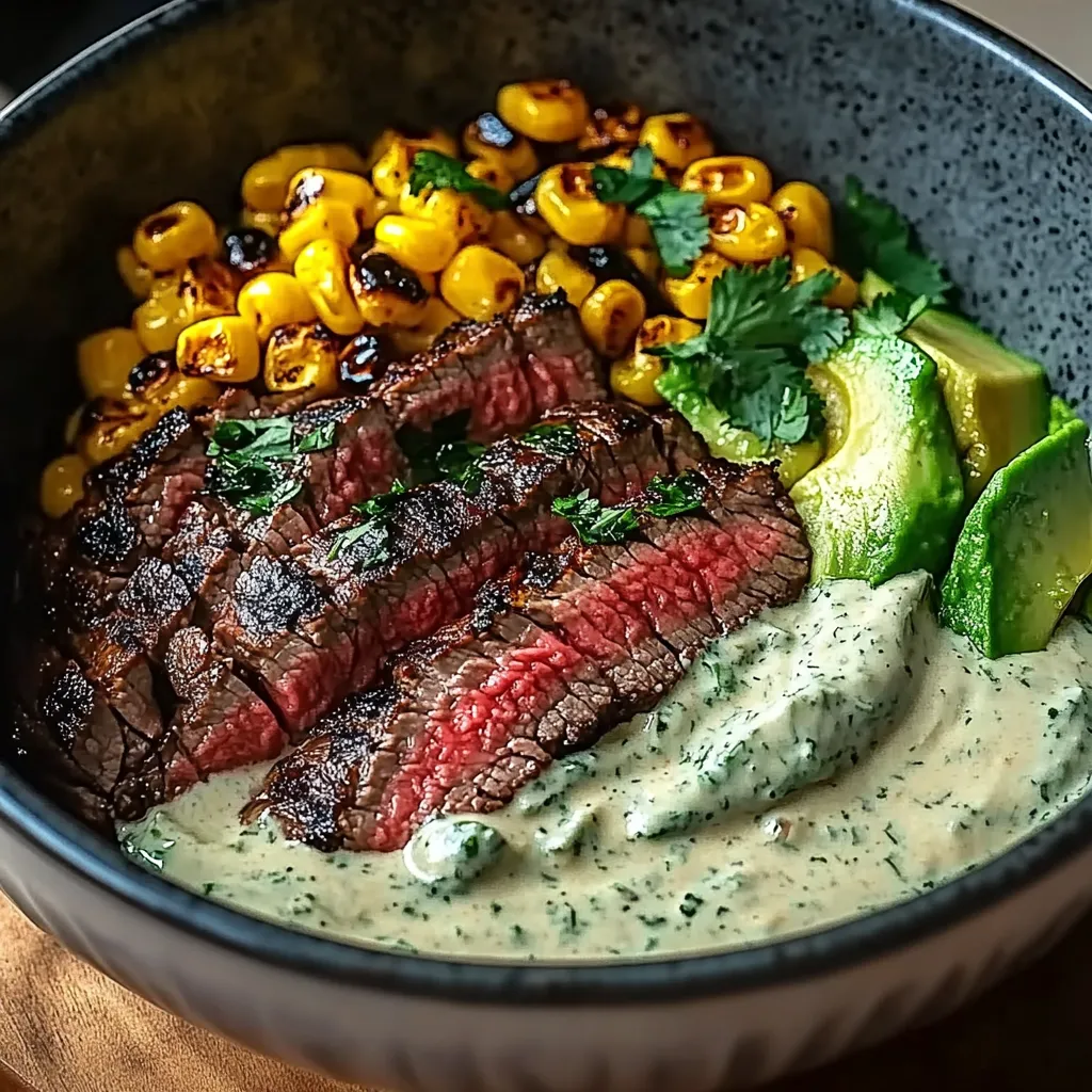 Steak, Avocado, and Roasted Corn Bowl with Cilantro Cream Sauce