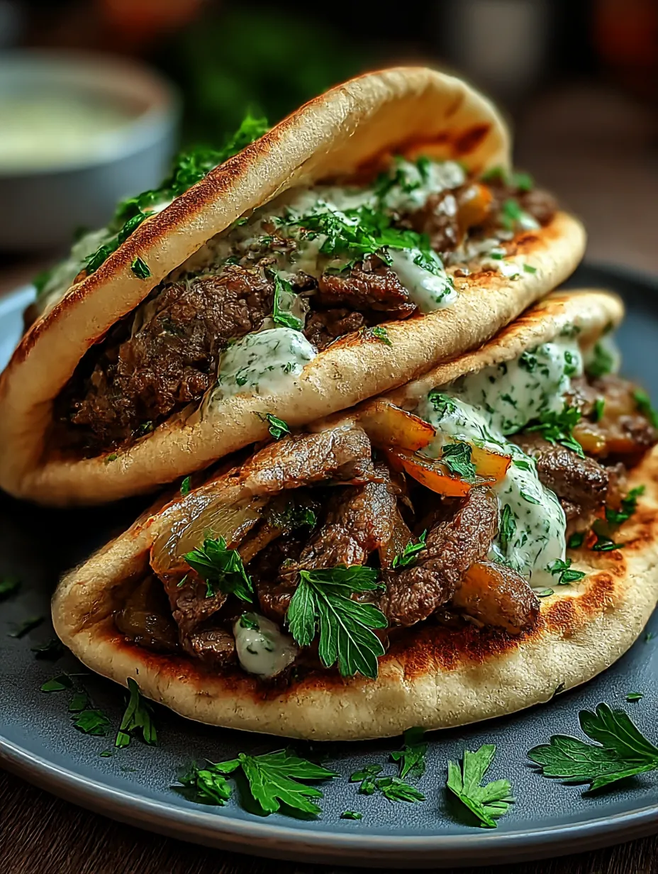 Cheesy Beef and Mushroom Pita Pockets with Tzatziki Sauce