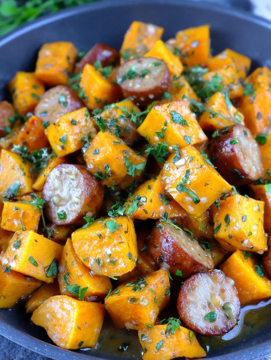 Sheet Pan Sausage and Sweet Potatoes with Honey Garlic Sauce