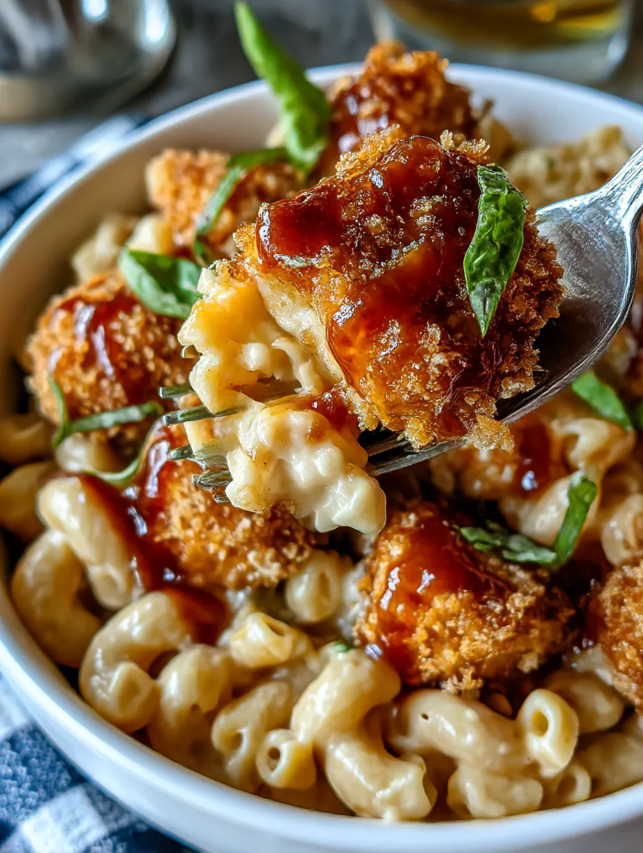 A fork is being used to eat some honey pepper chicken mac and cheese.