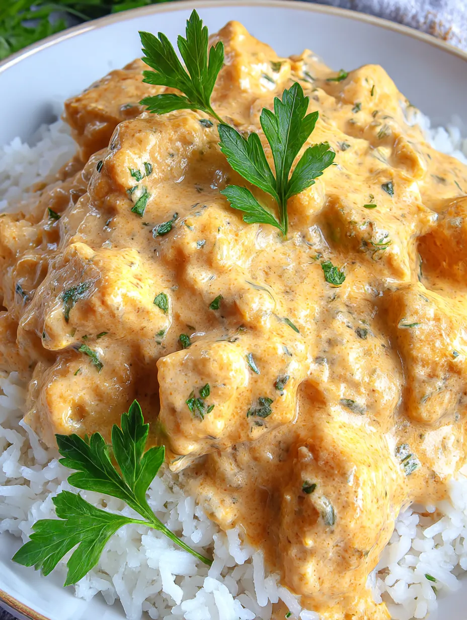 A bowl of rice and chicken covered in a creamy sauce.