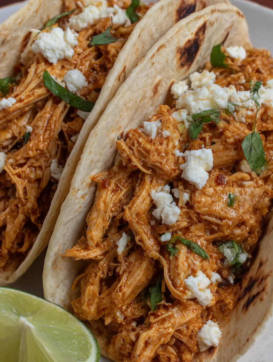 Two chicken tacos with cheese and guacamole.