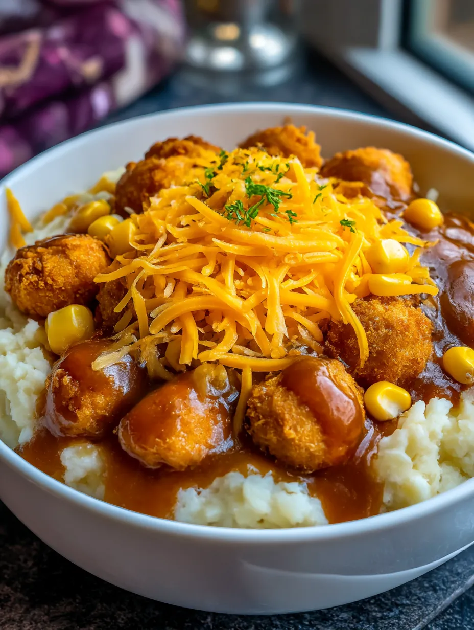 A bowl of food with cheese and corn on top.