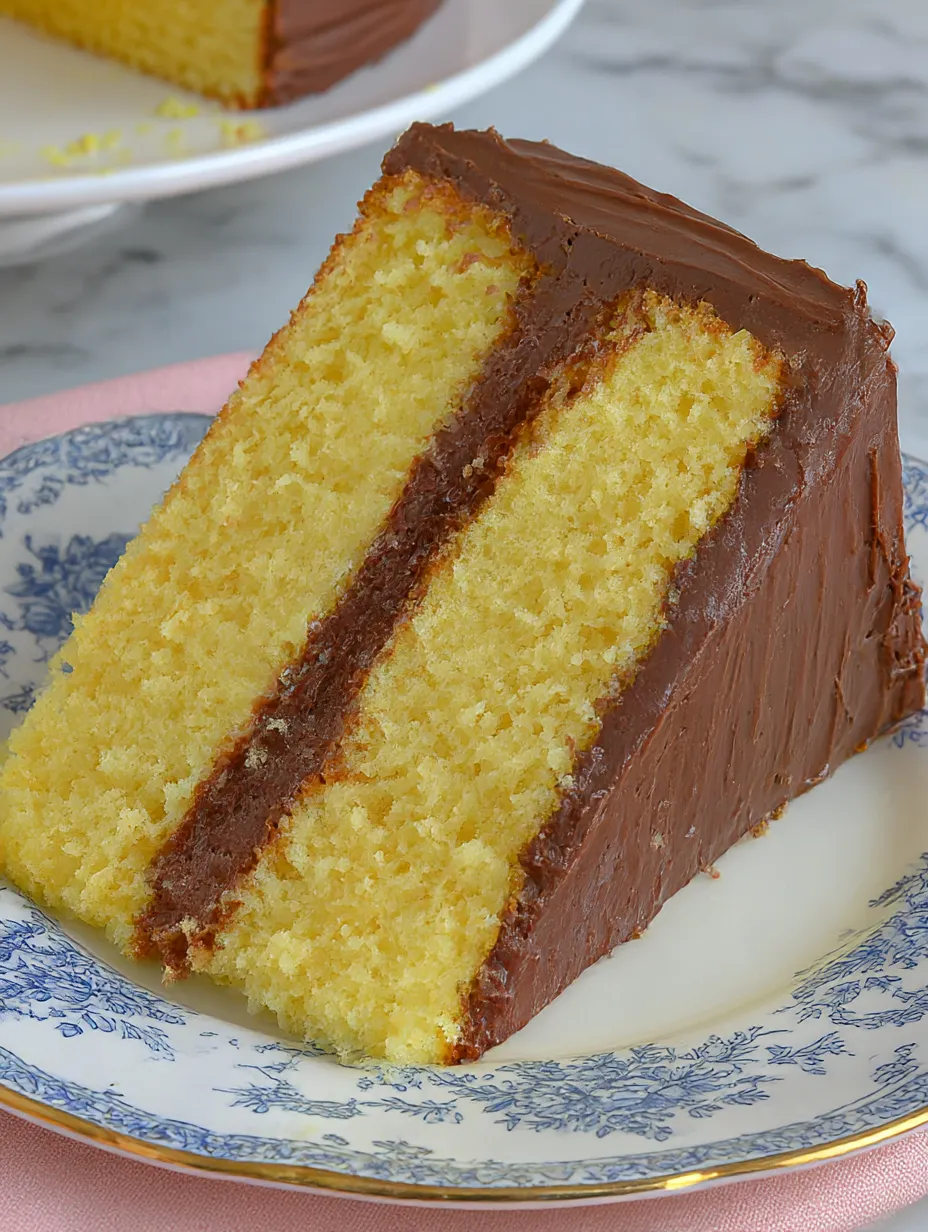 A slice of yellow cake with chocolate frosting.