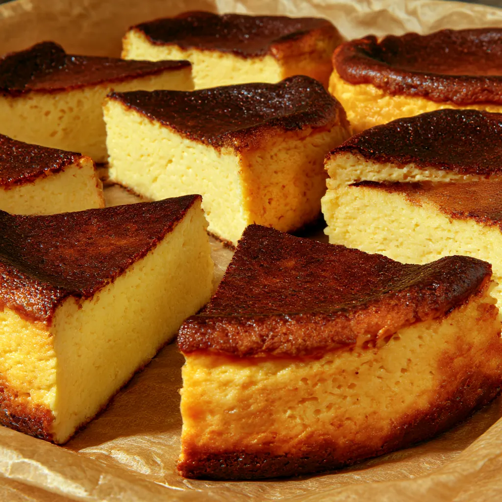 Slices of creamy burnt basque cheesecake.