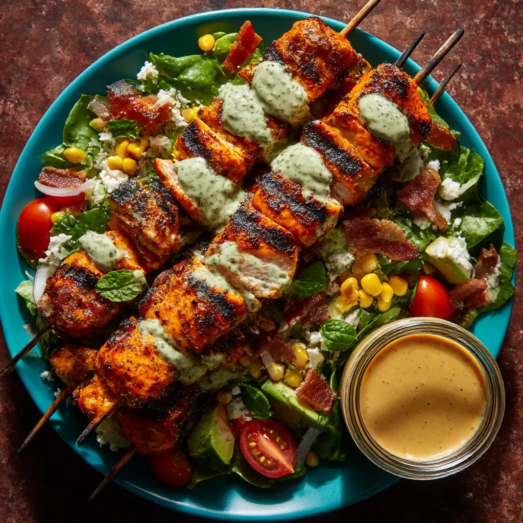 A plate of chopped buffalo chicken skewer salad.