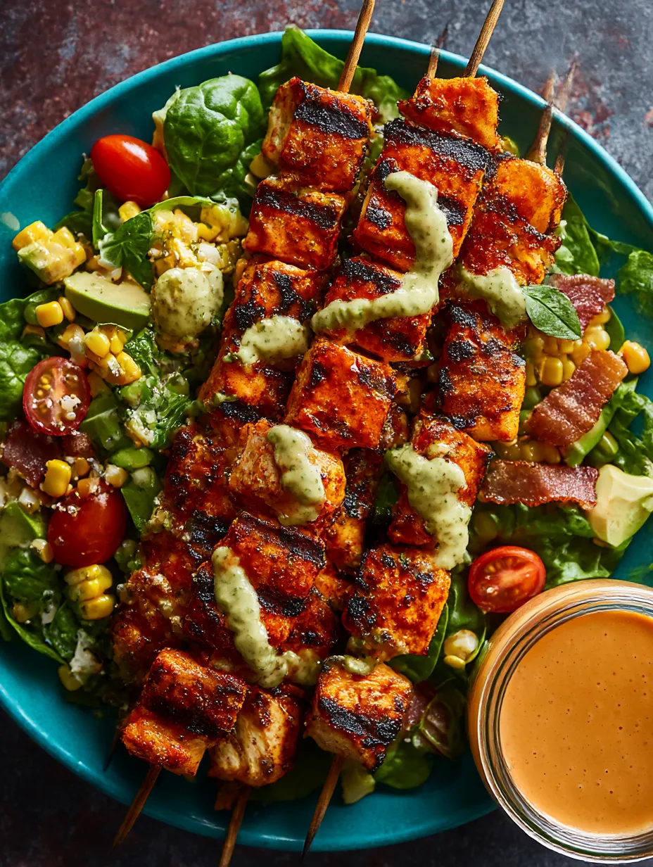 A plate of chopped buffalo chicken skewer salad.