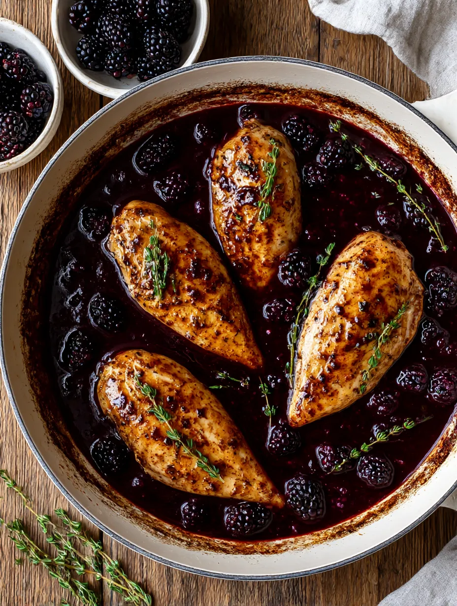 A pan of bourbon blackberry chicken.