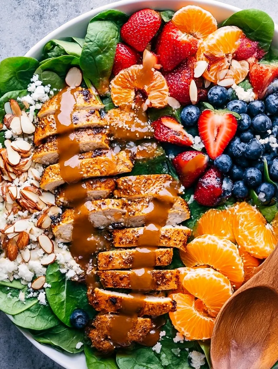 A plate of chicken, spinach, and fruit.