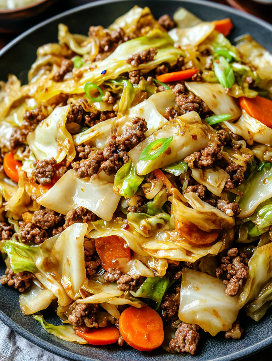 A close up of a Chinese Ground Beef and Cabbage Stir-Fry.