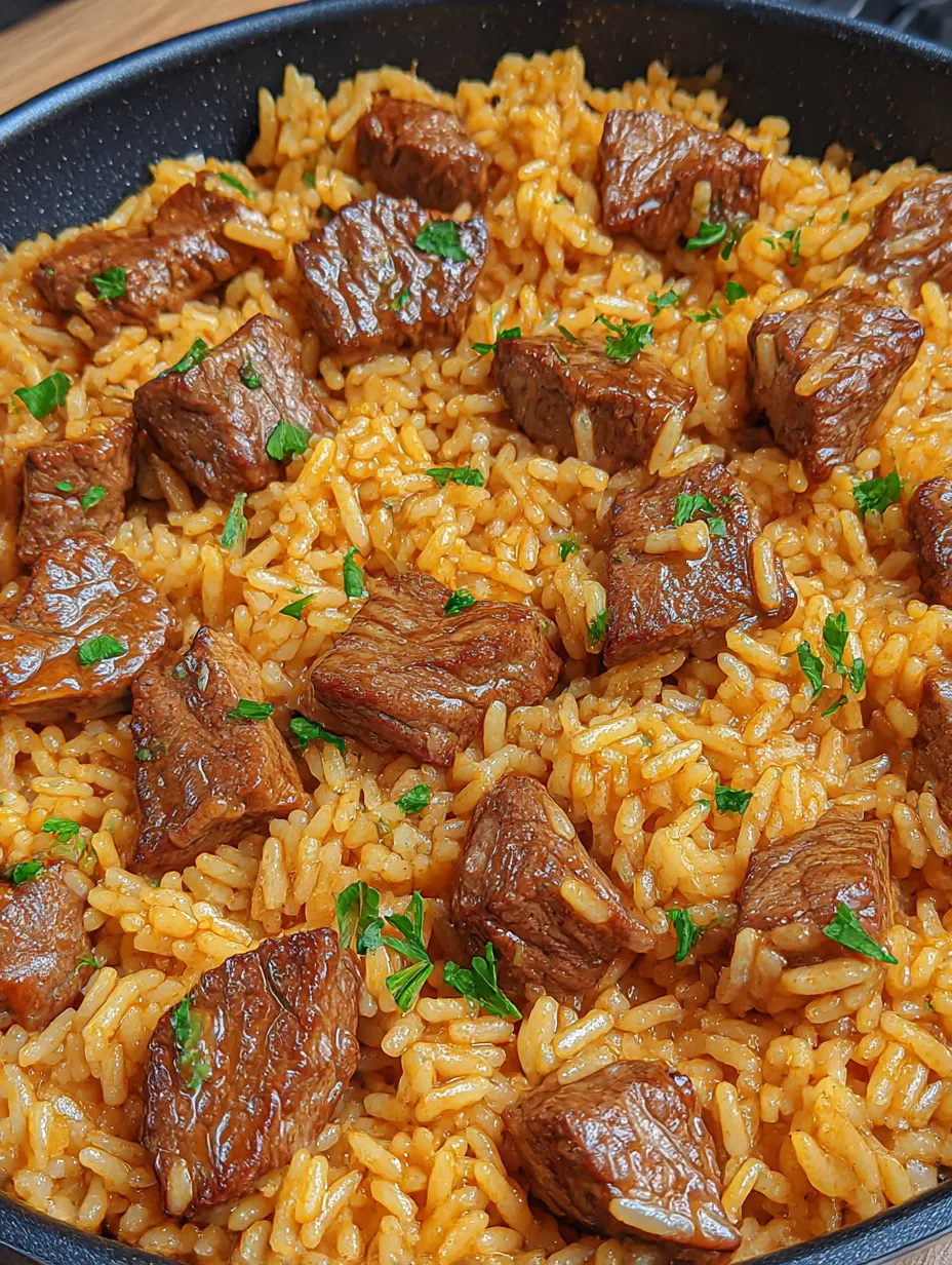A close up of a delicious one-skillet creamy honey BBQ steak rice.