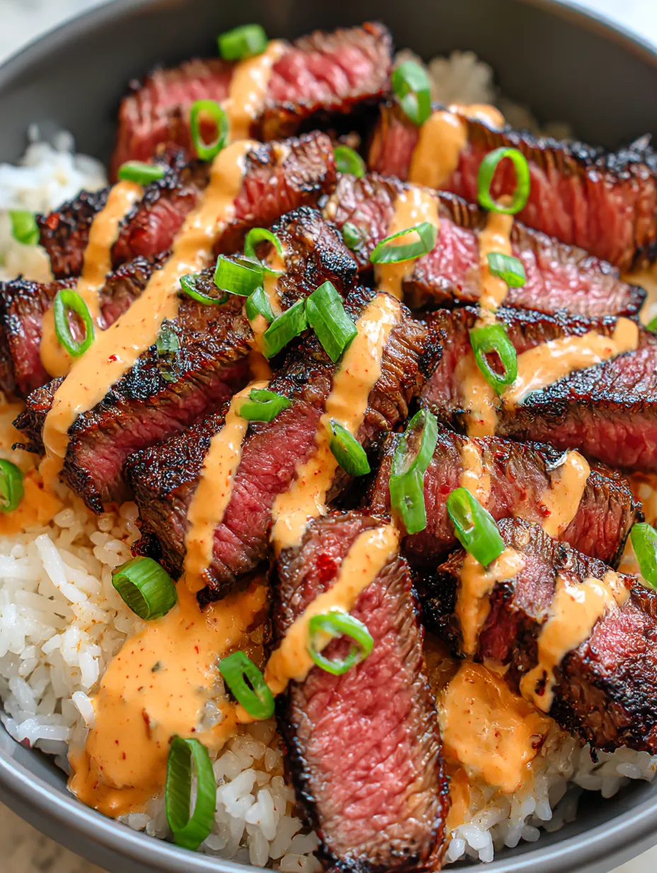 A close up of a delicious Korean BBQ steak rice bowl with spicy cream sauce.