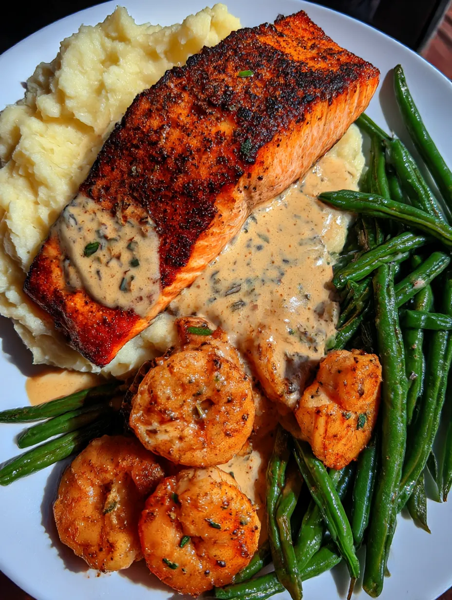 A plate of food with salmon, shrimp, and mashed potatoes.