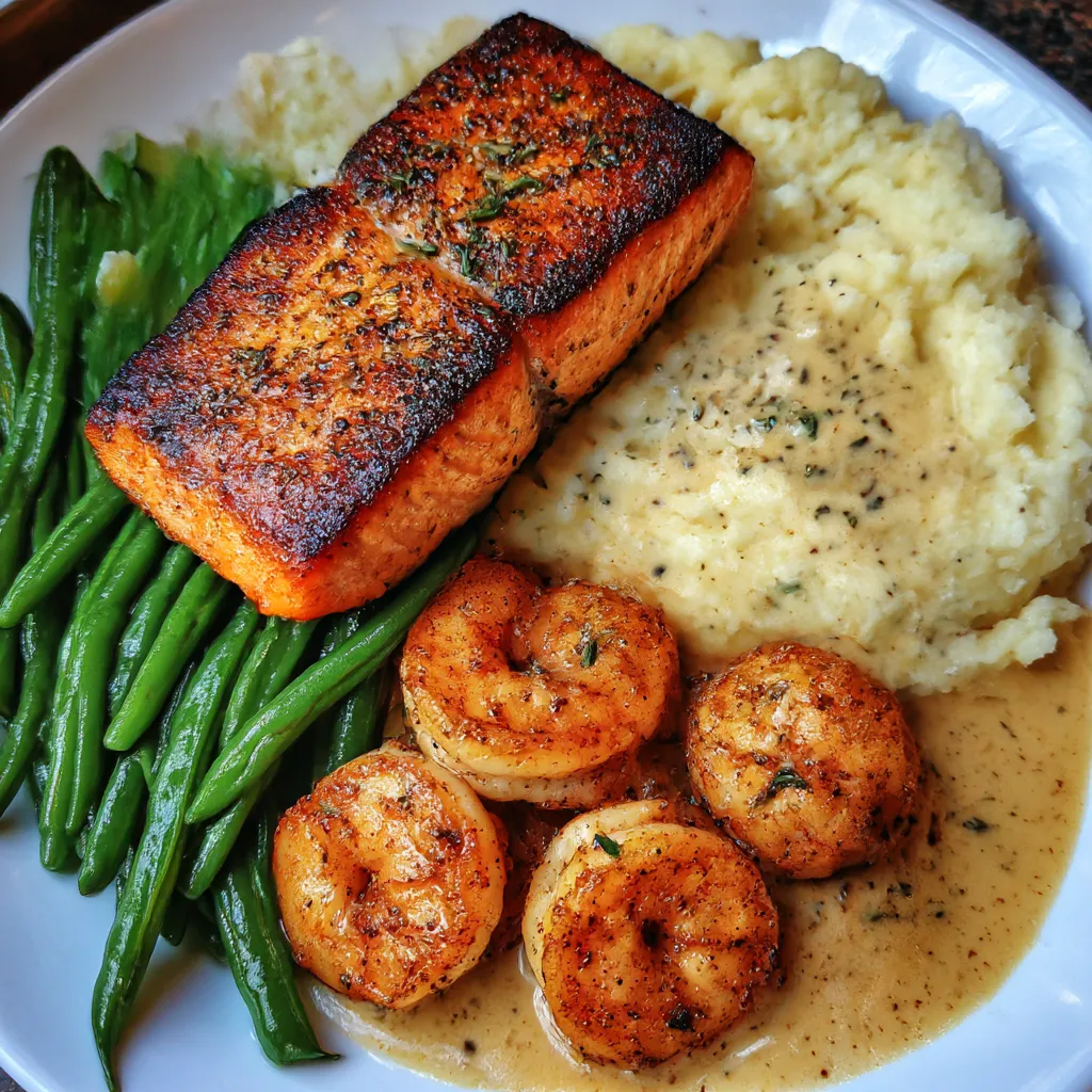 A plate of food with shrimp, salmon, mashed potatoes and green beans.