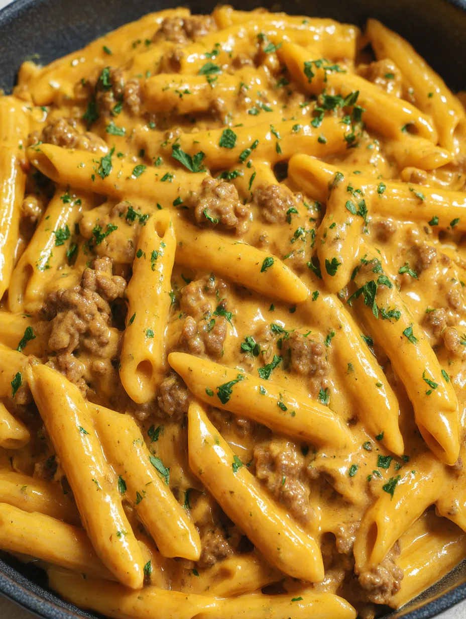 A close up of a creamy beef stroganoff and penne pasta dish.