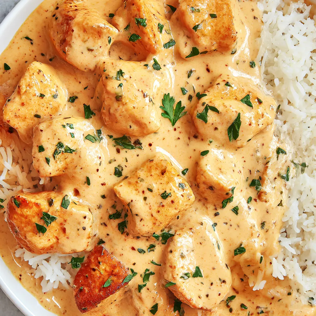 A plate of creamy smothered chicken and rice.