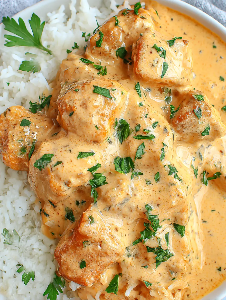A creamy smothered chicken and rice dish.