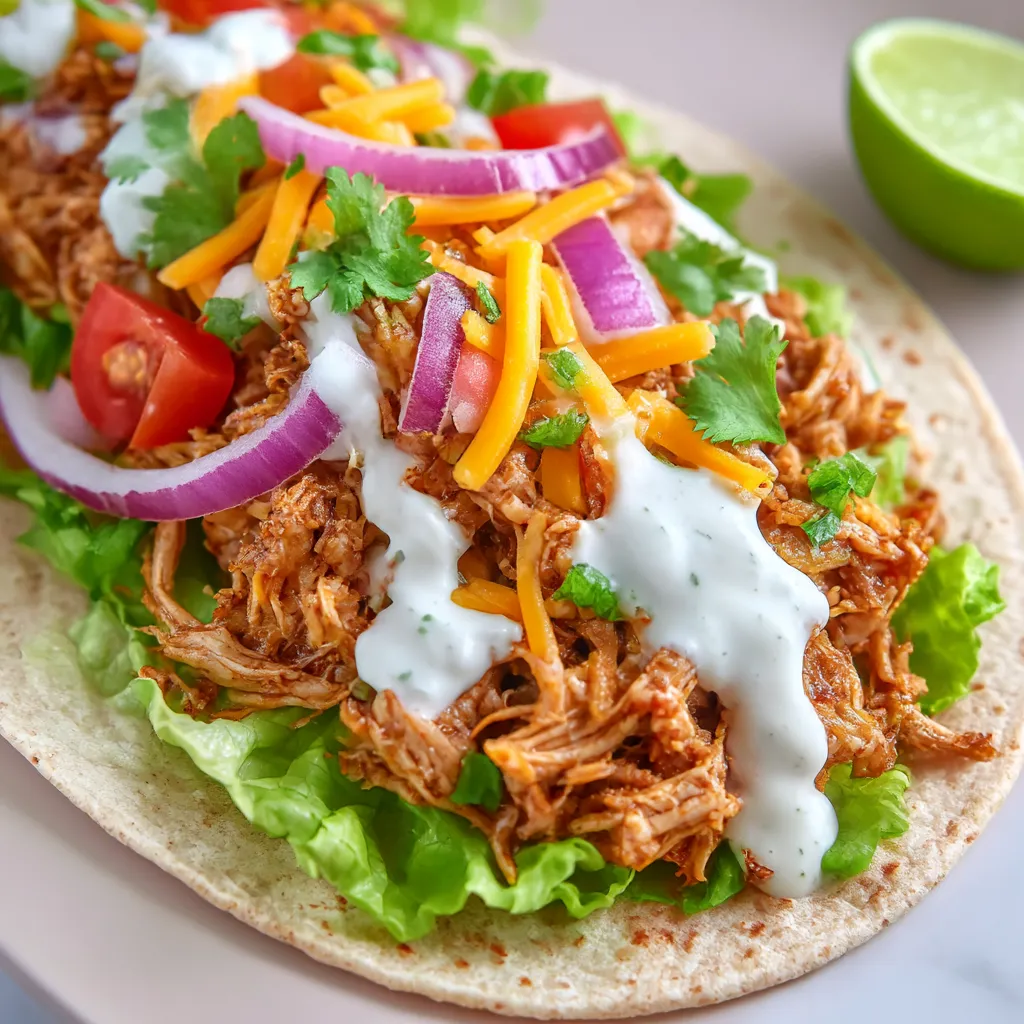 A pulled chicken sandwich with lettuce and tomato.