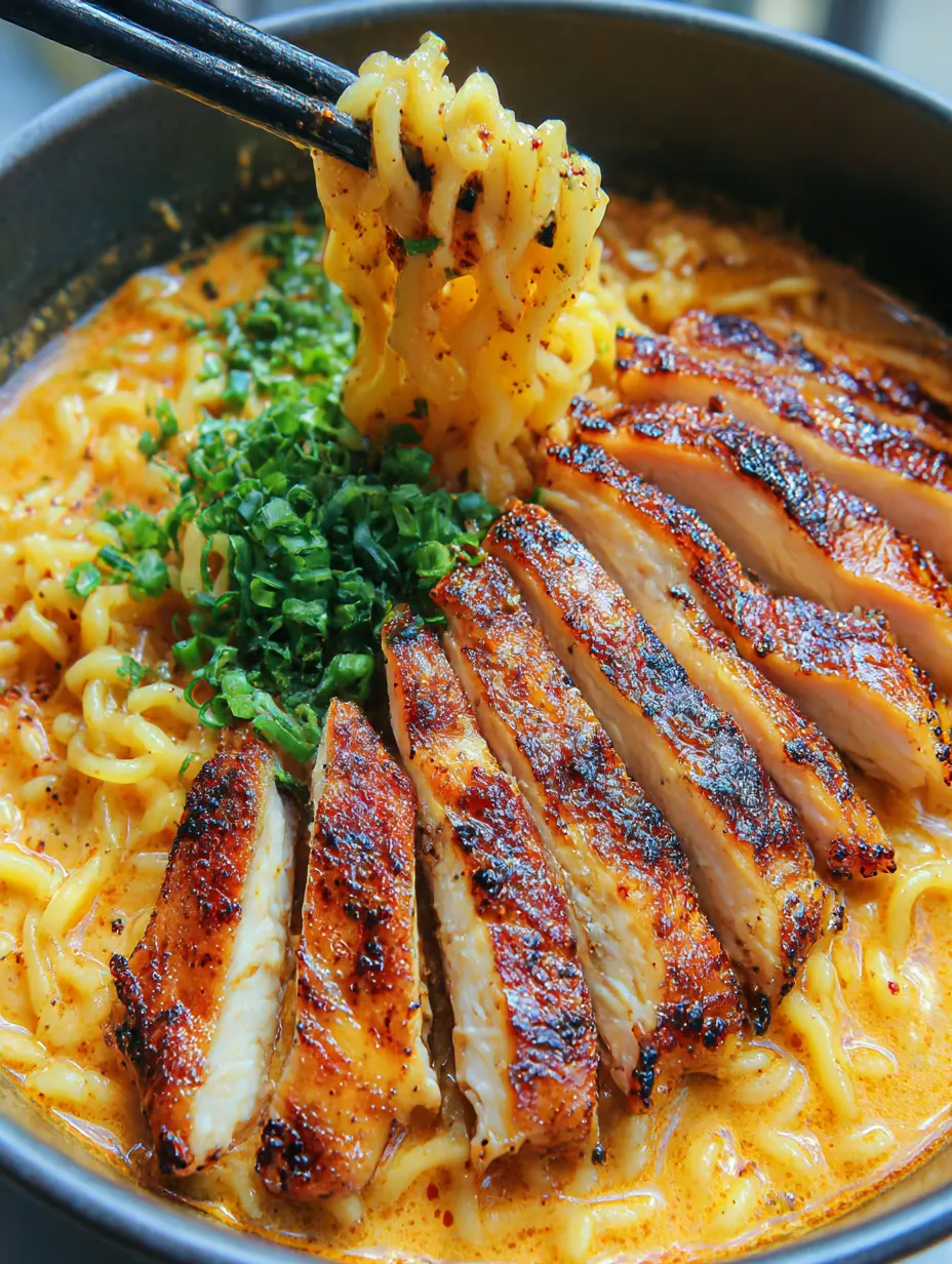 A bowl of noodles with chicken and creamy garlic sauce.