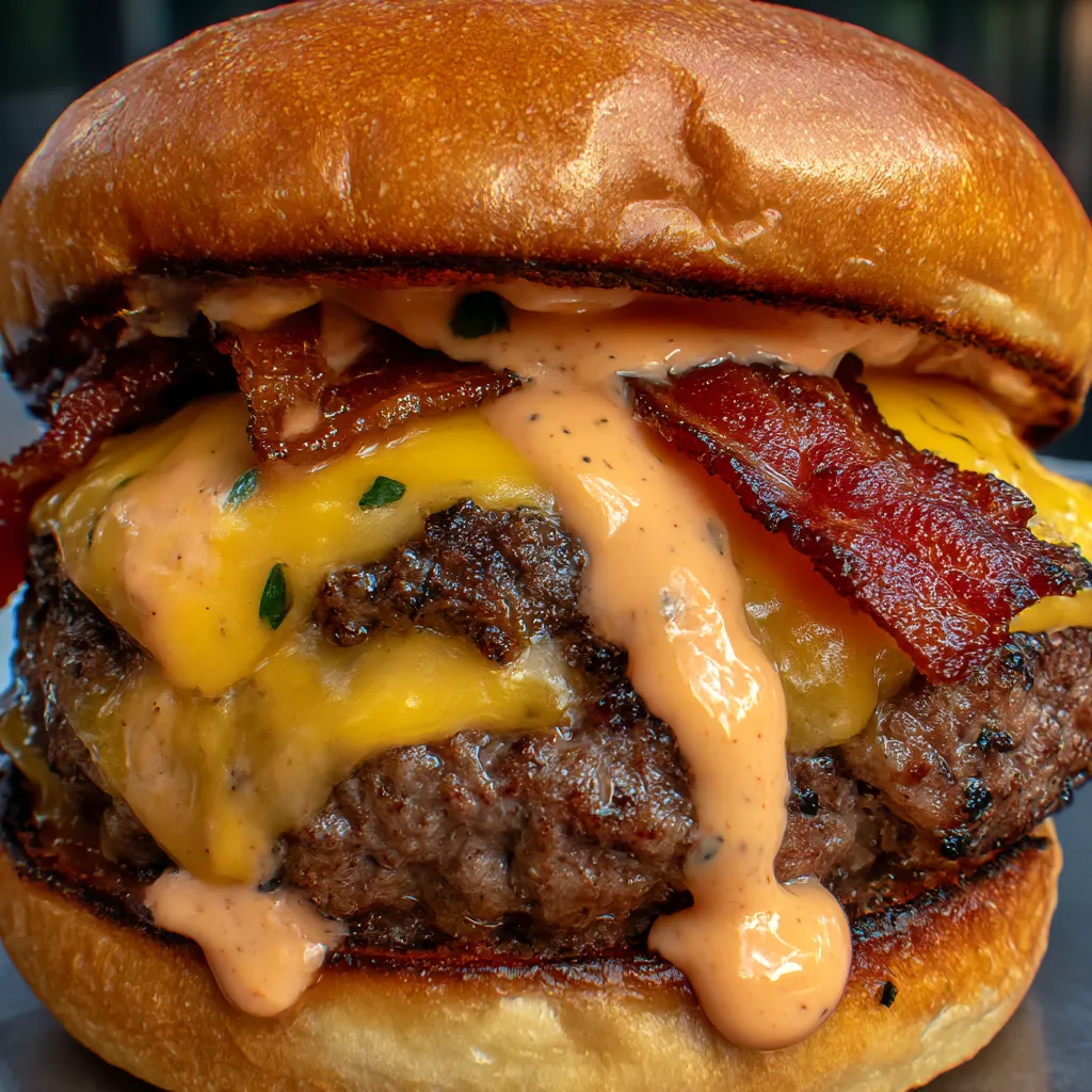A close up of a burger with bacon and cheese.