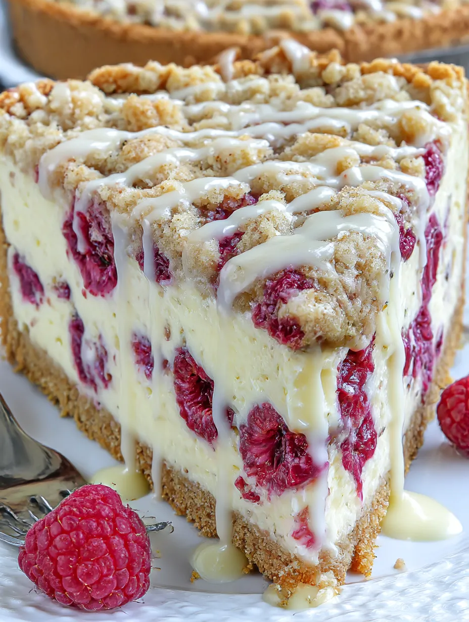 A slice of raspberry cheesecake crumb cake.