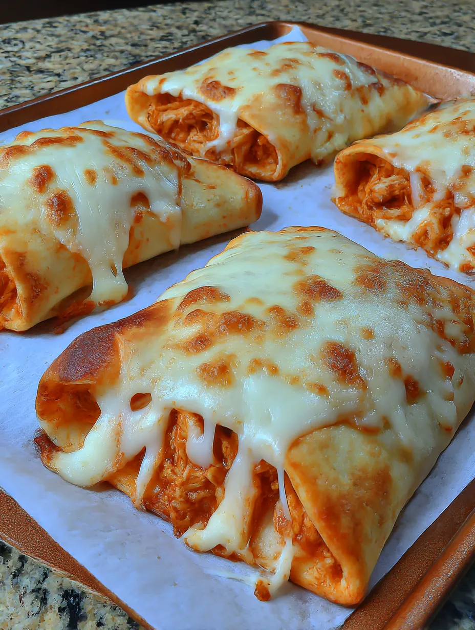 A tray of cheese and chicken pizza pockets.