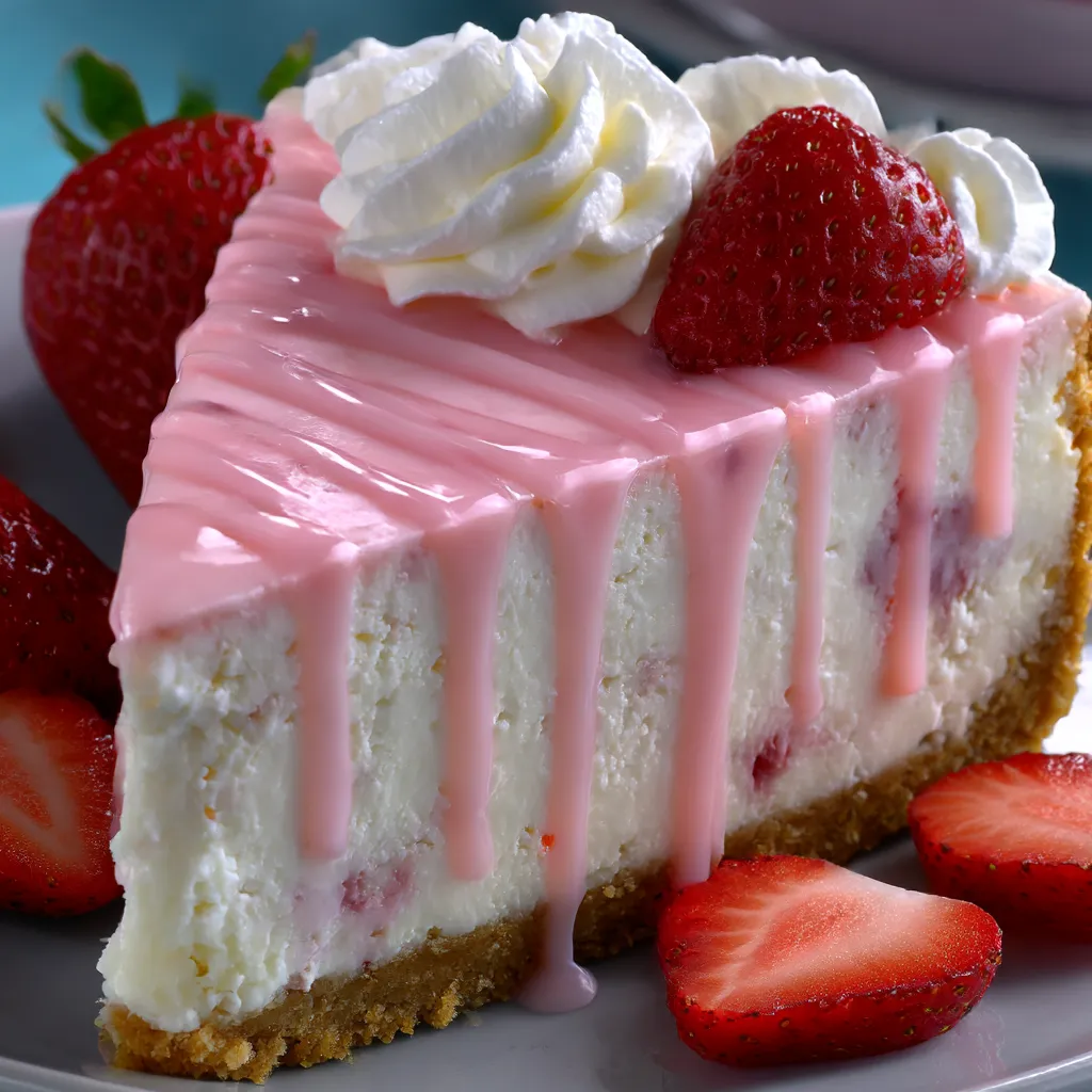 A slice of strawberry banana delight cheesecake.