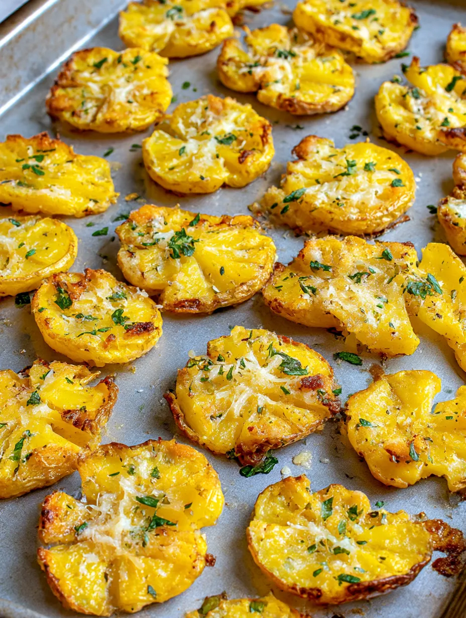 Parmesan smashed potatoes on a tray.