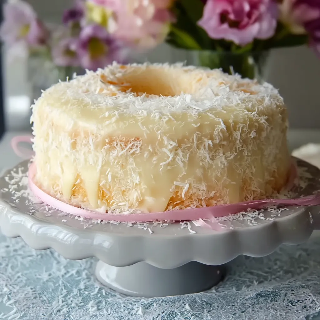 A cake with white frosting and coconut on top.