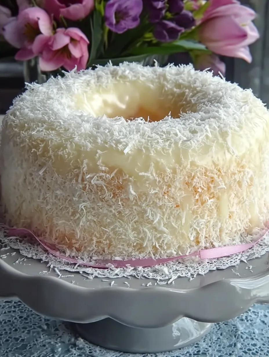 A cake with white frosting and coconut on top.