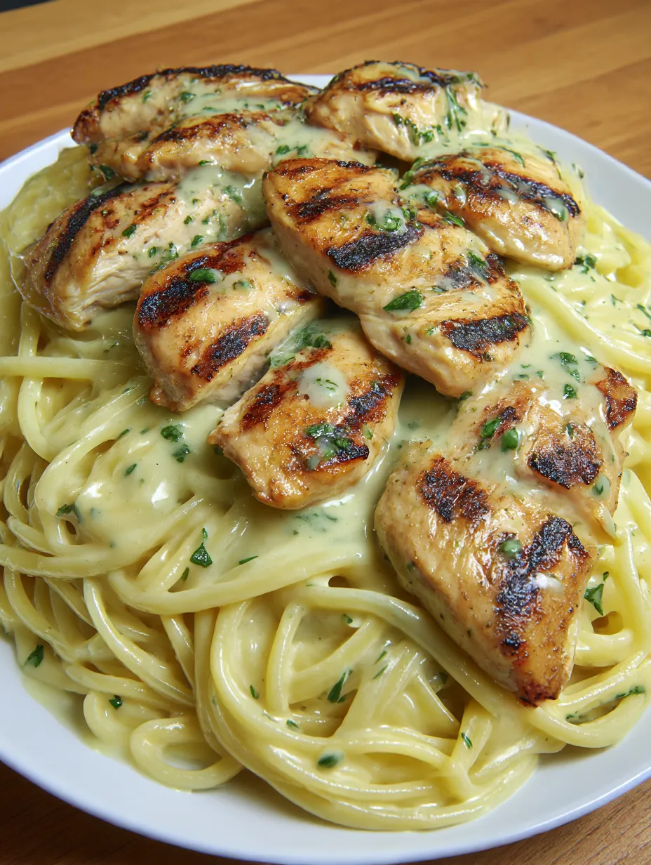 A plate of chicken Alfredo pasta.