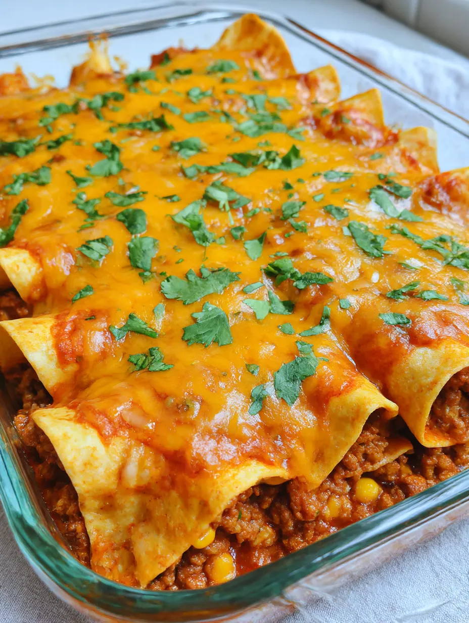 A casserole dish filled with beef enchilada casserole and corn tortillas.