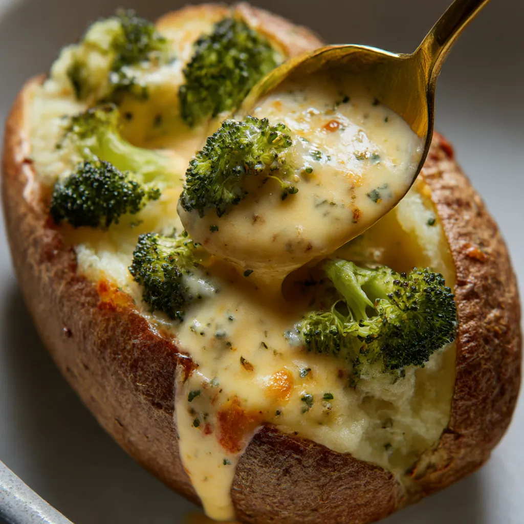 A close up of a baked potato with broccoli cheese sauce.