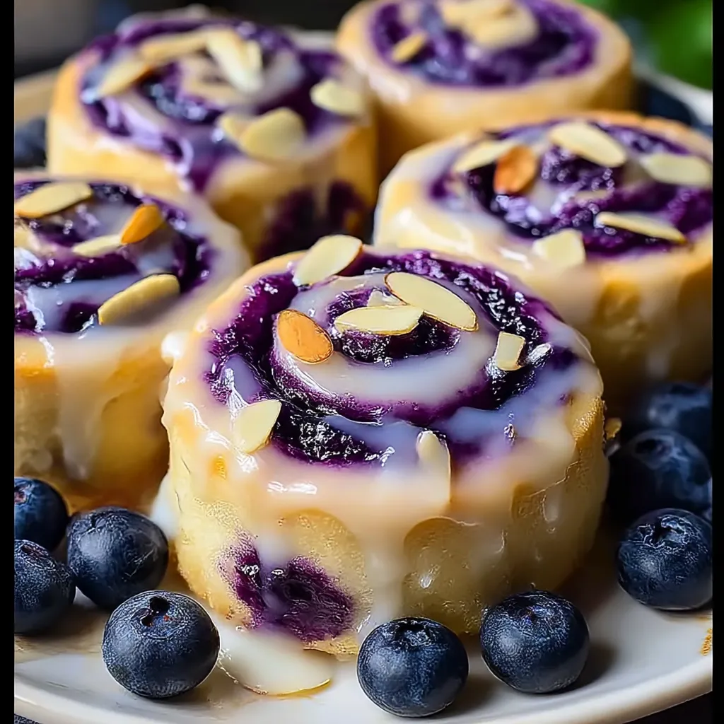 Three blueberry cheesecake sweet rolls on a plate.