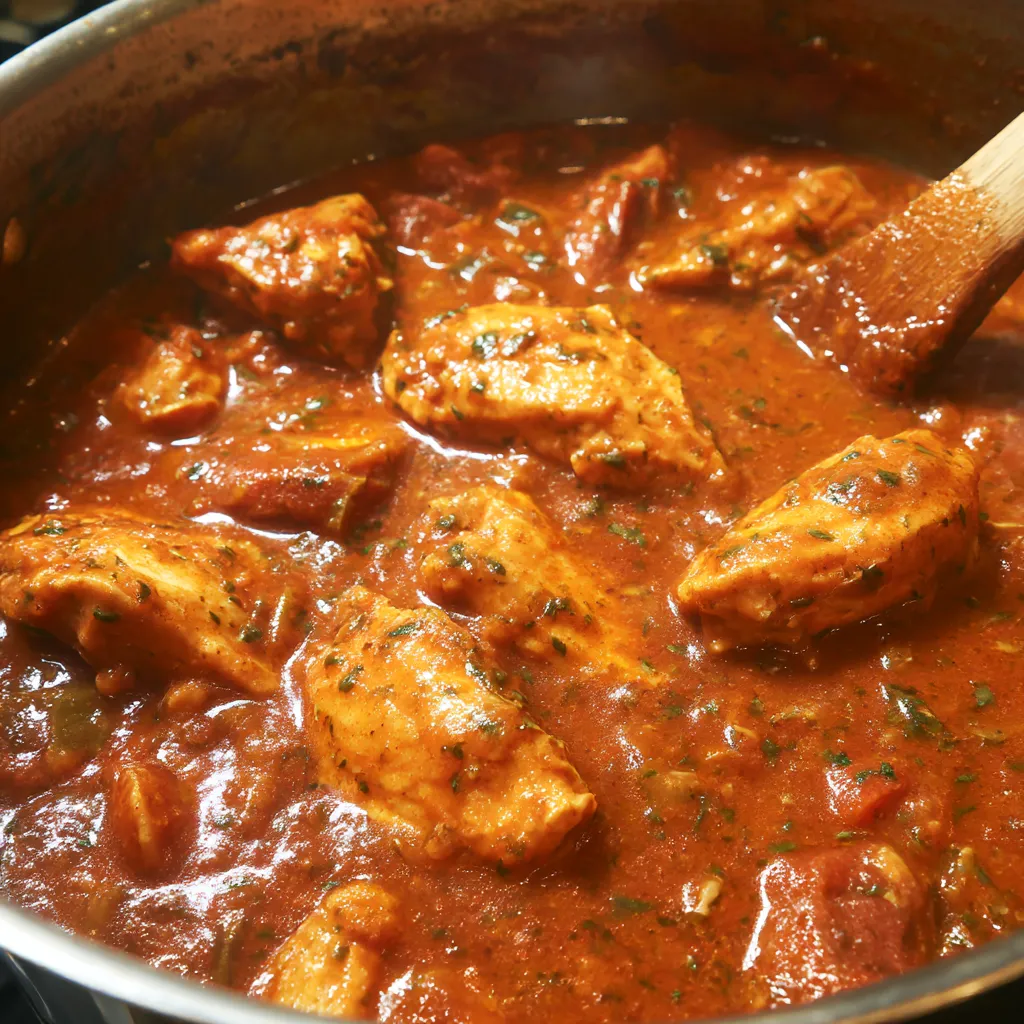 A pot of Creole chicken with a wooden spoon in it.