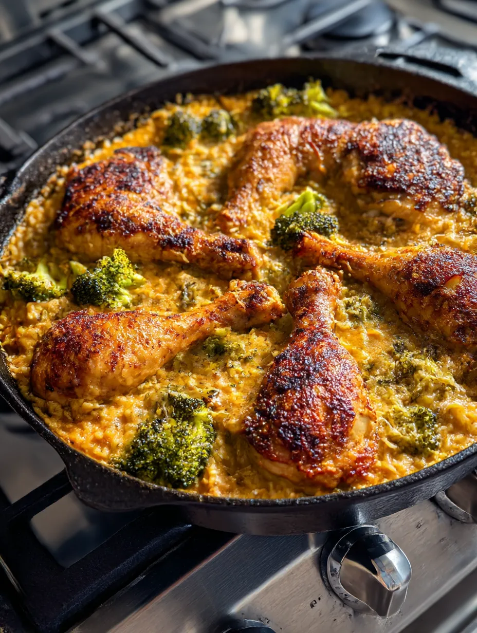 A pan of chicken drumsticks with broccoli and cheese rice.