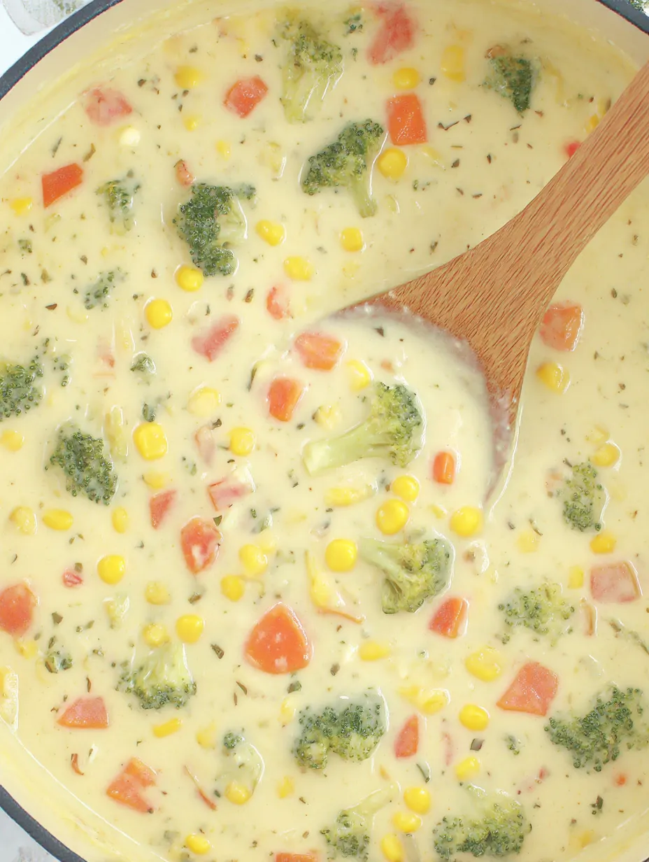 A wooden spoon in a bowl of vegetable chowder.