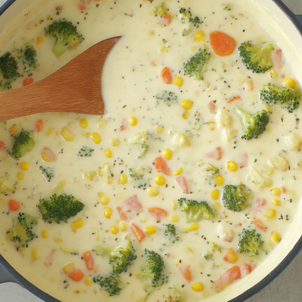 A wooden spoon in a bowl of vegetable chowder.