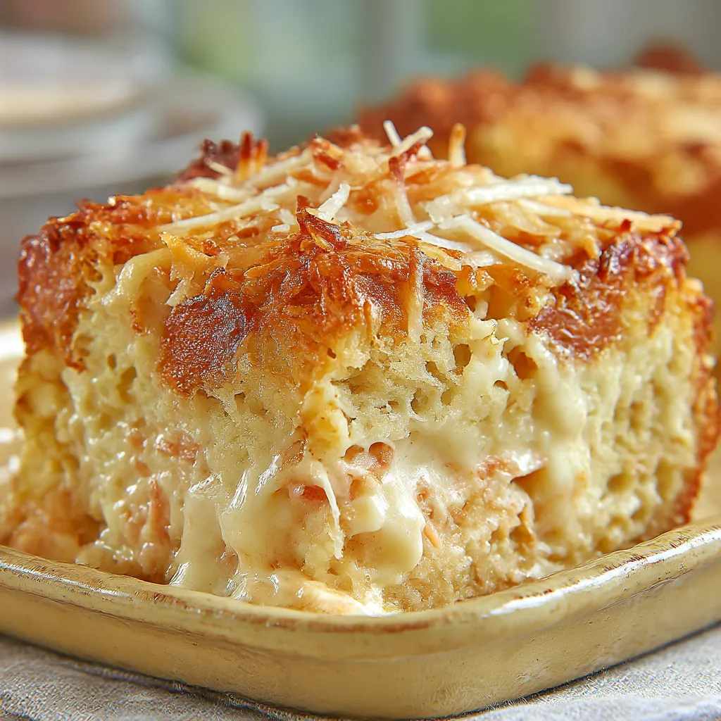 A slice of coconut cheesecake bread pudding.