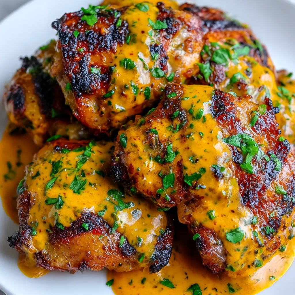 Spice rubbed buffalo chicken thighs drizzled in sauce.