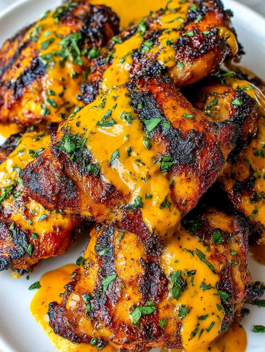 Spice rubbed buffalo chicken thighs drizzled in sauce.