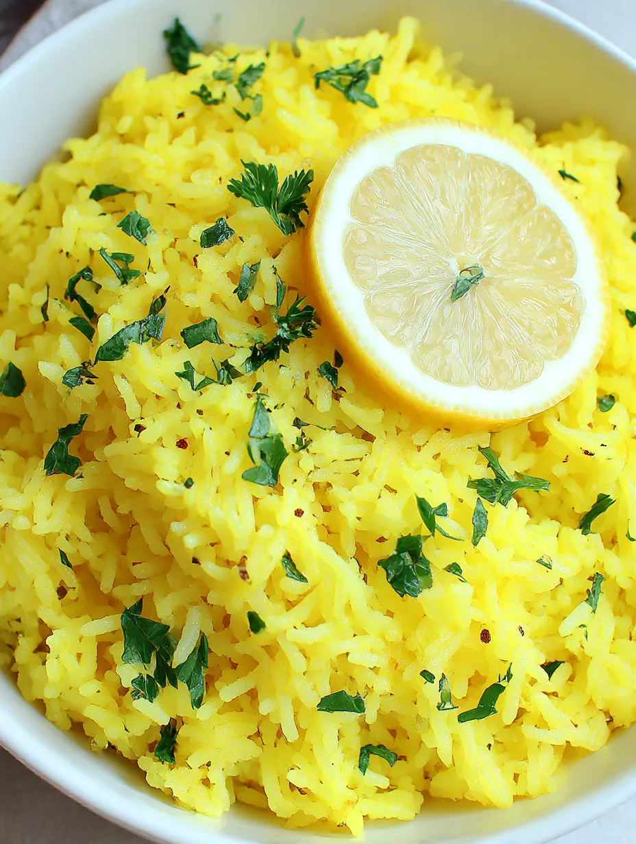 A bowl of yellow rice with a lemon on top.