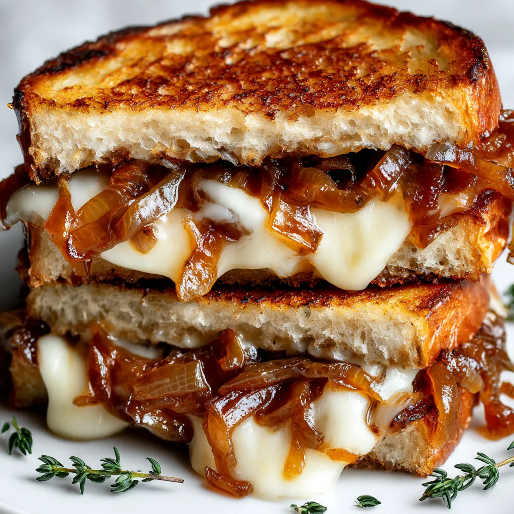 A grilled cheese sandwich with onions on top.