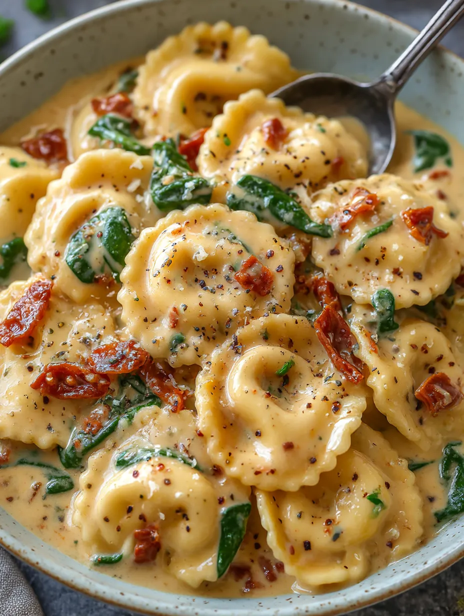 A bowl of creamy Tuscan ravioli.