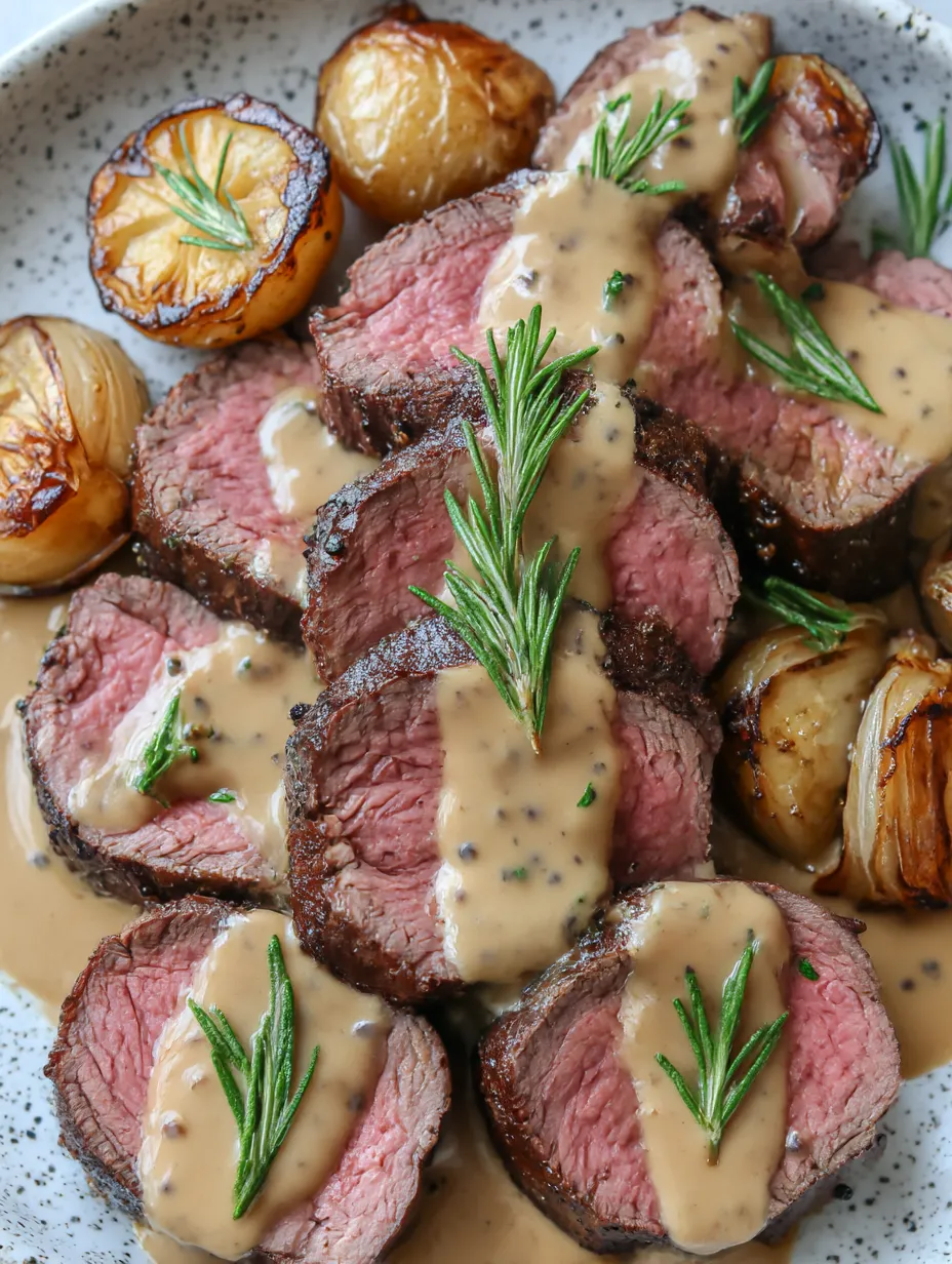 A delicious looking steak with a peppercorn sauce.