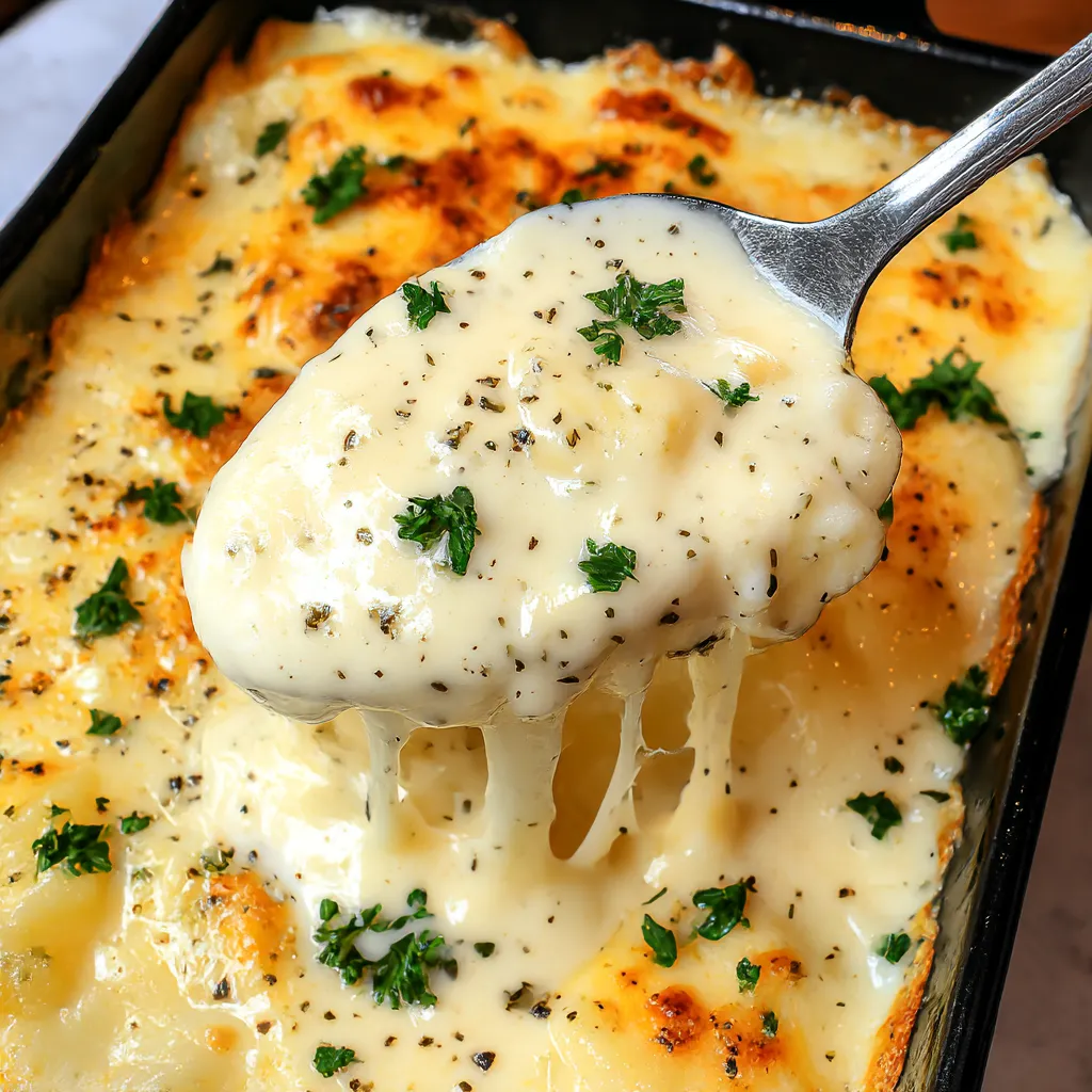 A spoon is in a dish with cheese and herbs.