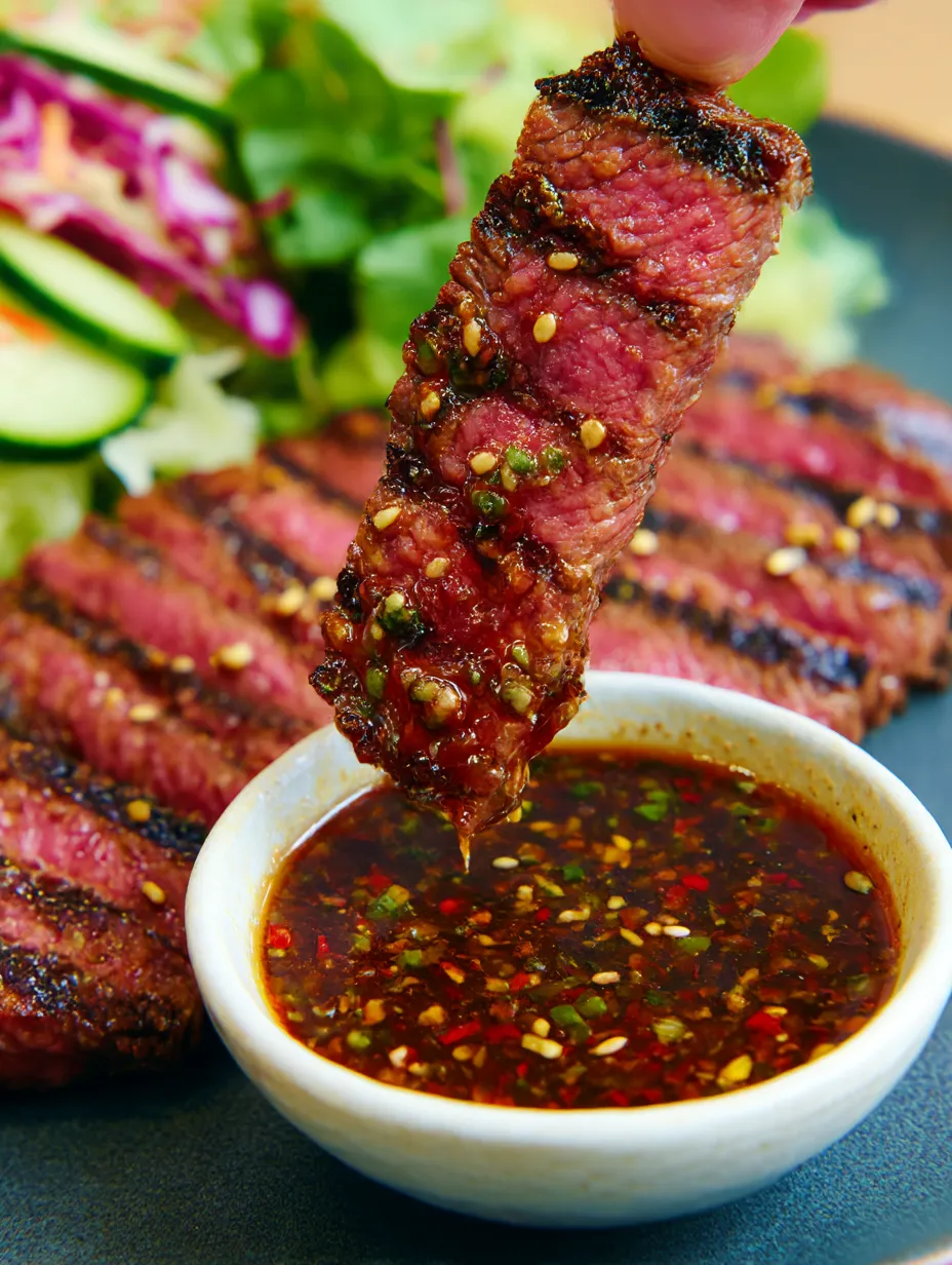 A piece of meat is being dipped into a sauce.