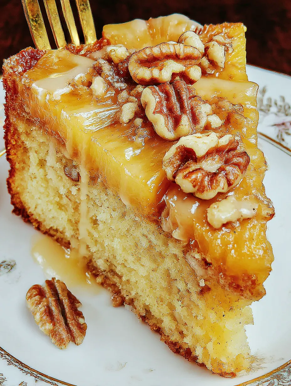 A slice of cake with nuts on top.