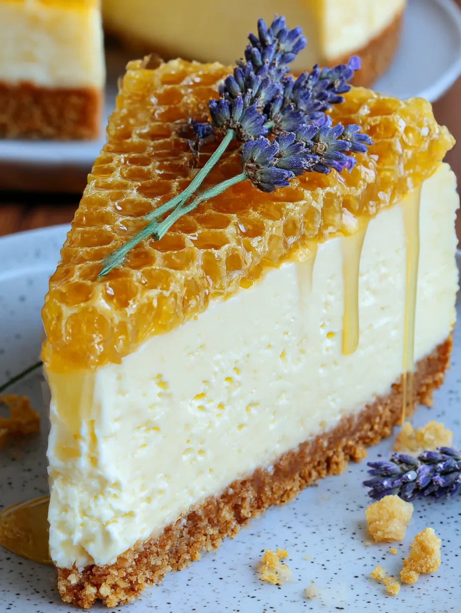 A slice of lemon lavender cheesecake with honeycomb.
